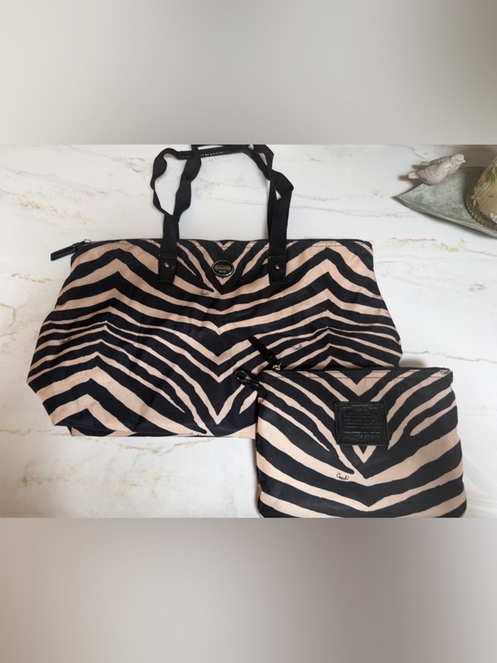COACH Zebra-Print packable travel tote with detachable  pouch included!